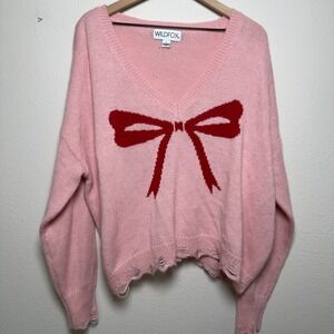 Wildfox Women Sweater Large Pink Bow Distressed V-Neck Oversized Pullover